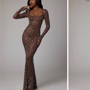 Oh Polly Brown Long Sleeve Sequin Dress